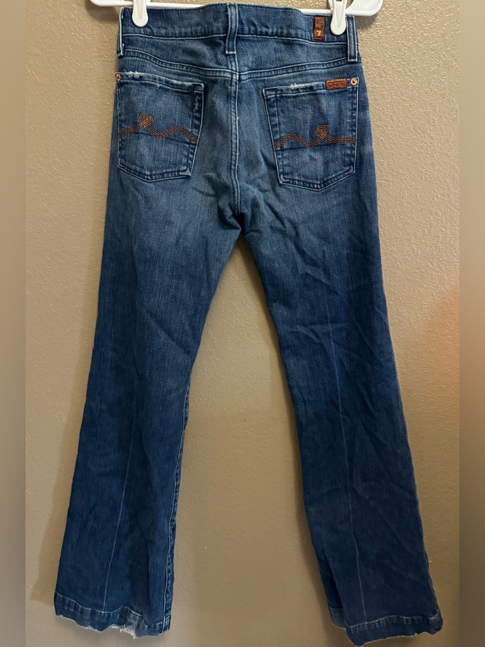 7 For All Mankind Women's Bootcut Jeans in Medium Blue with Brown Stitching